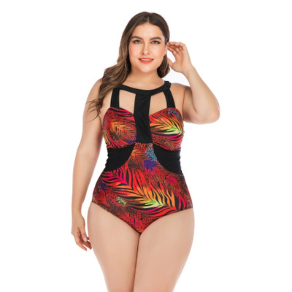 P6674 Bright Leaf Swirl Pattern One Piece Swimsuit